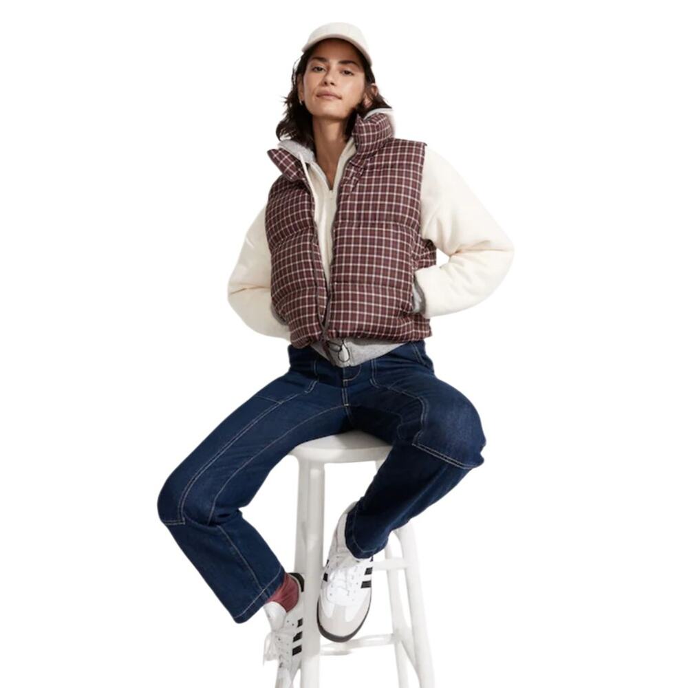 Madewell Cropped Puffer Vest in Plaid Size Medium